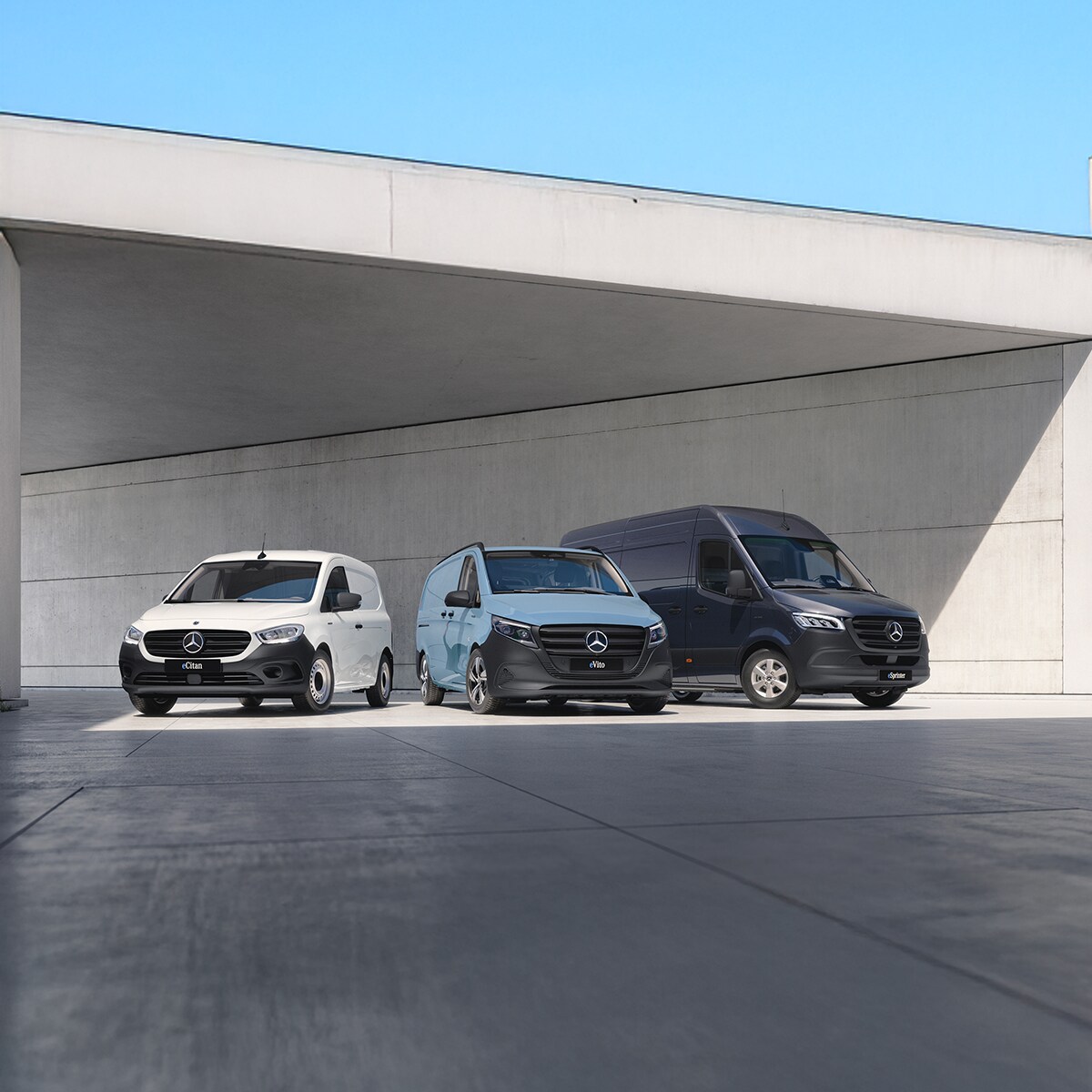 The Mercedes-Benz Sprinter Panel Van is driving on the street in front of a building.   