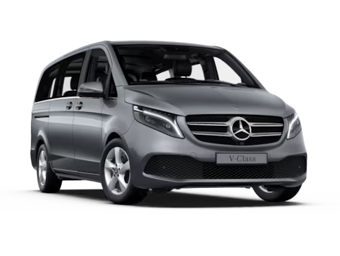 Vue trois quarts avant d'un Mercedes-Benz Classe V sur fond blanc.