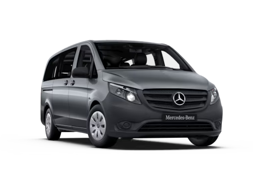 Vue trois quarts avant d'un Mercedes-Benz Vito sur fond blanc.