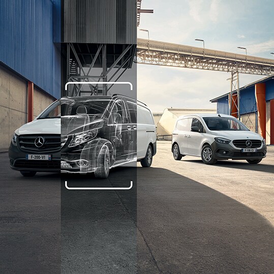 The Mercedes-Benz Sprinter Panel Van is driving on the street in front of a building.