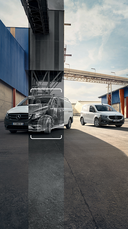 The Mercedes-Benz Sprinter Panel Van is driving on the street in front of a building.