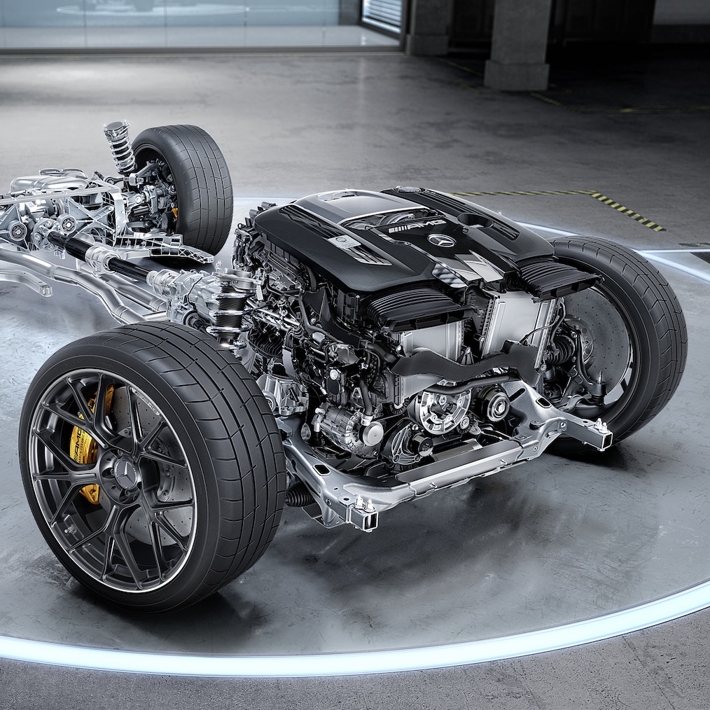 Le moteur V8 biturbo 4,0&nbsp;litres de la Mercedes-AMG GT&nbsp;63 Coupé.