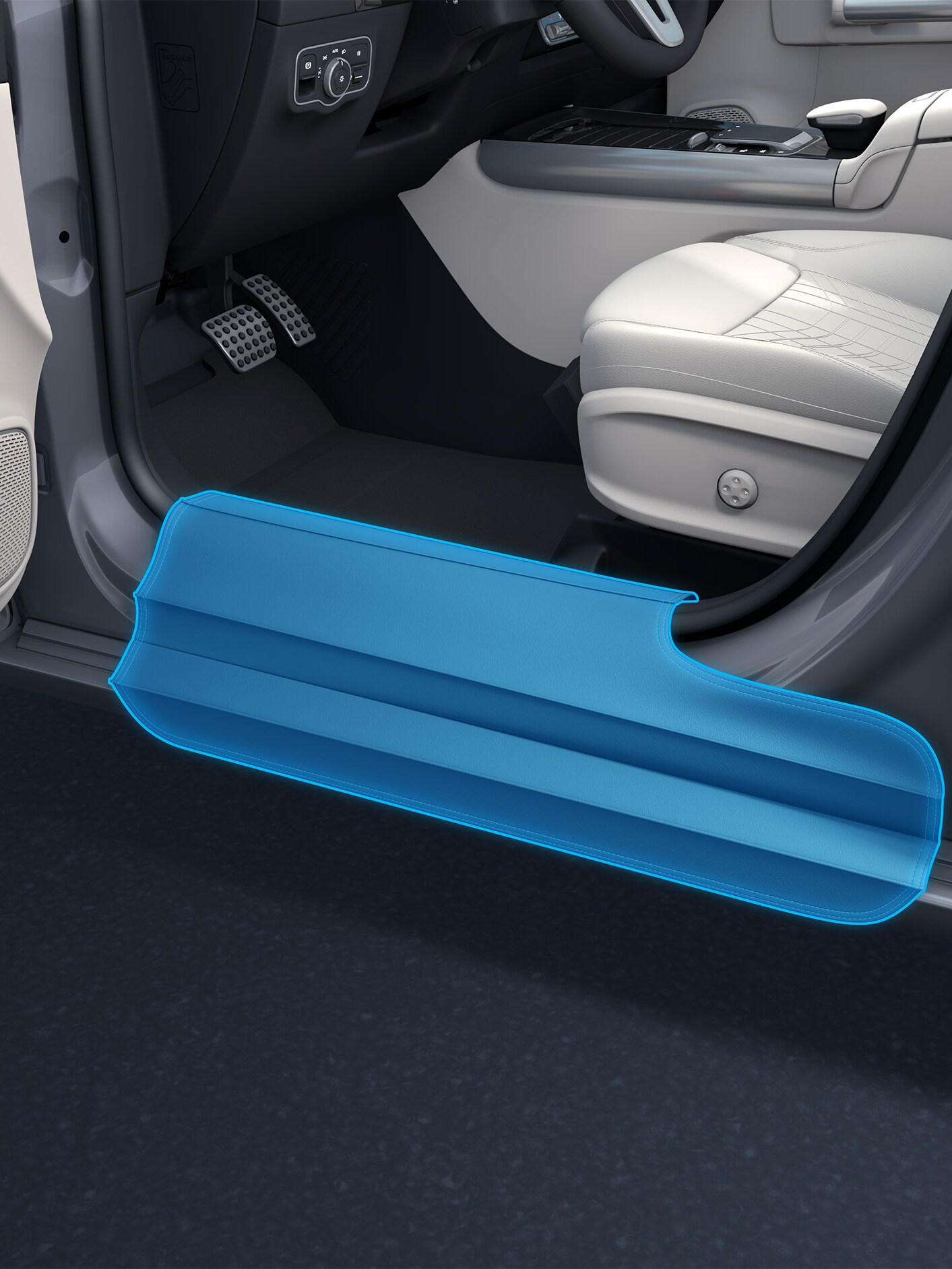 La protection d’entrée l lorsque la porte est ouverte dans une représentation détaillée en liaison un véhicule pour personnes à mobilité réduite.