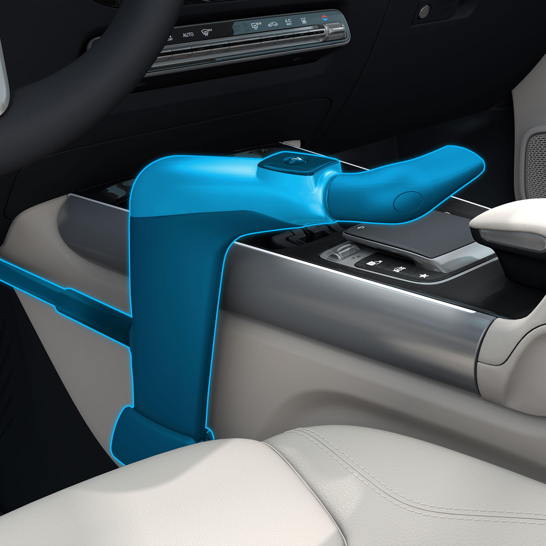 Unité de commande manuelle Classic | Aides à la conduite | Mercedes-Benz Une représentation détaillée d’une unité de commande manuelle Classic en liaison avec un véhicule pour personnes à mobilité réduite.