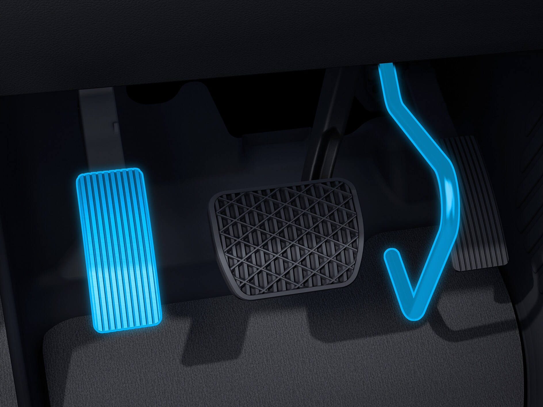 Une représentation détaillée du déplacement de la pédale d'accélérateur (électronique) en liaison avec un véhicule pour personnes à mobilité réduite.