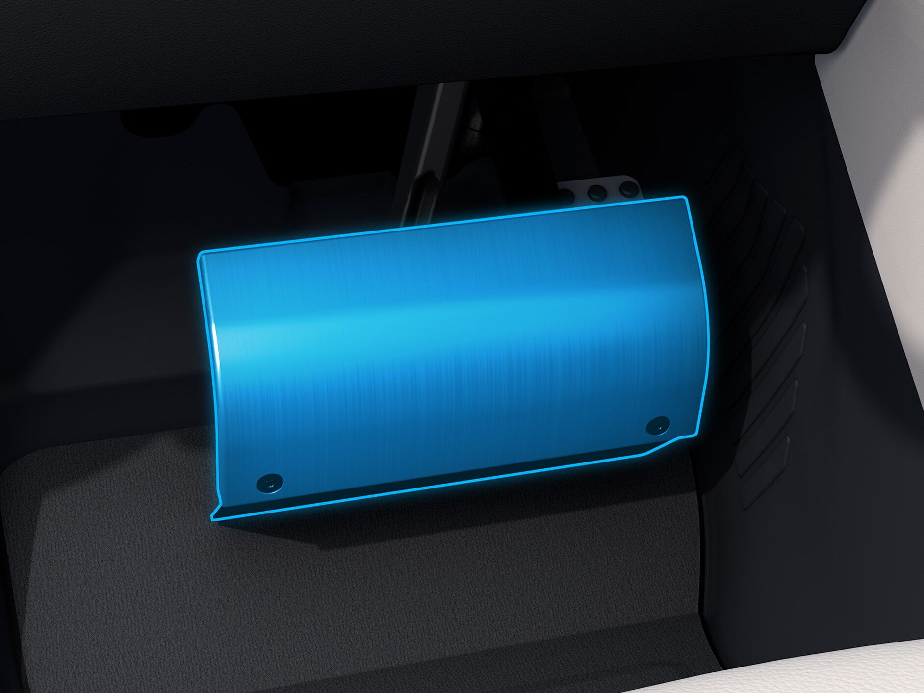 Une représentation détaillée du cache-pédales en liaison avec un véhicule pour personnes à mobilité réduite.