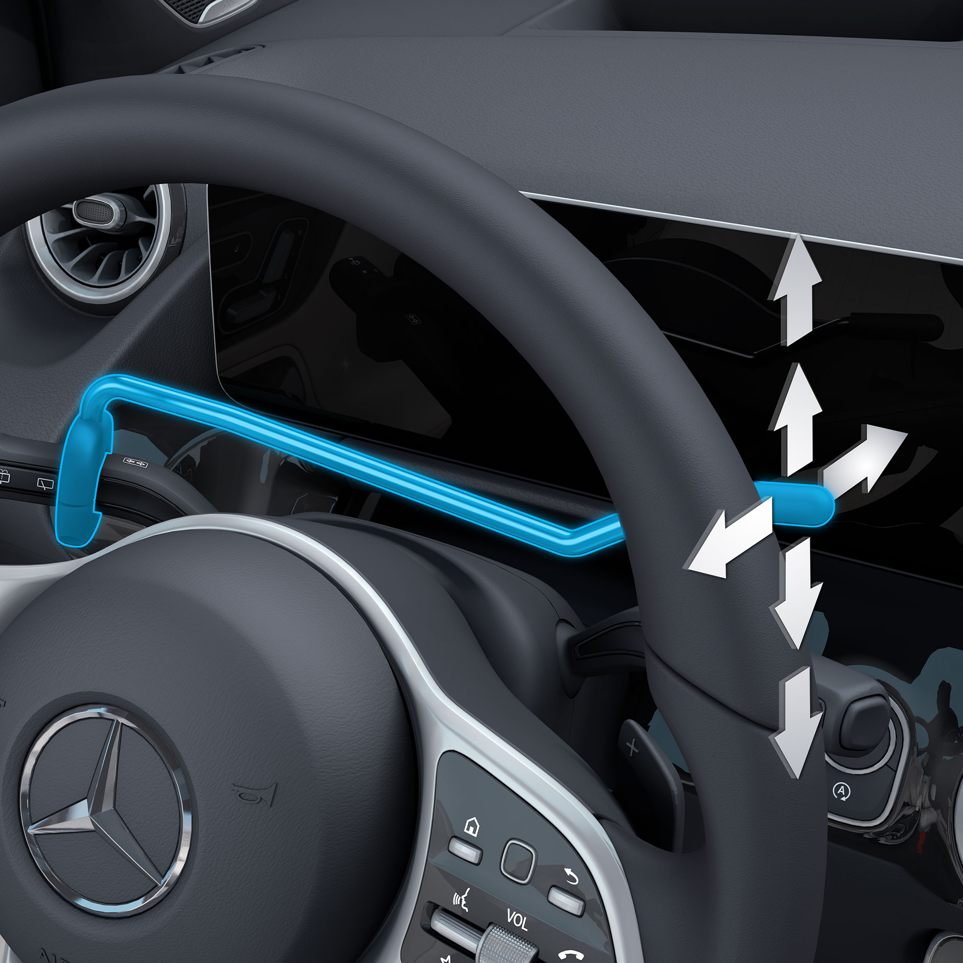 Repositionnement du commodo | Aides à la conduite | Mercedes-Benz Une représentation détaillée du repositionnement du commodo en liaison avec un véhicule pour personnes à mobilité réduite.