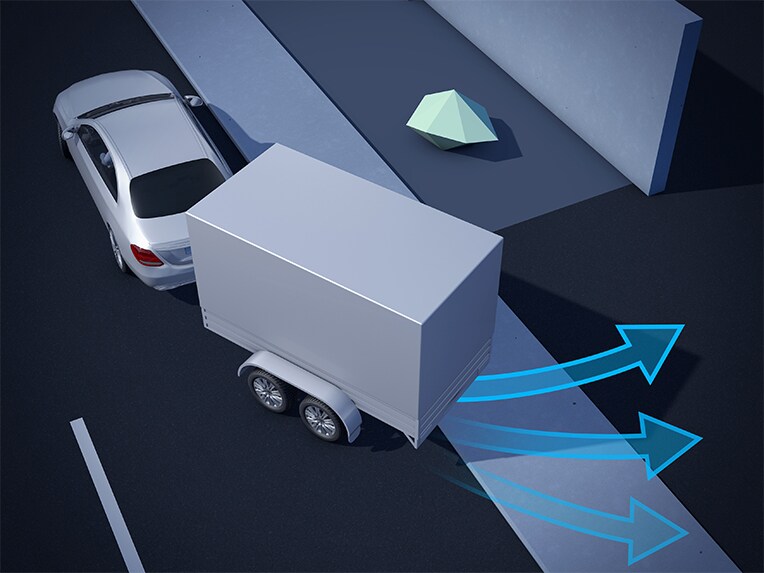 Une représentation graphique de l'assistant de remorque pour les manœuvres dans l’EQE SUV de Mercedes-Benz.