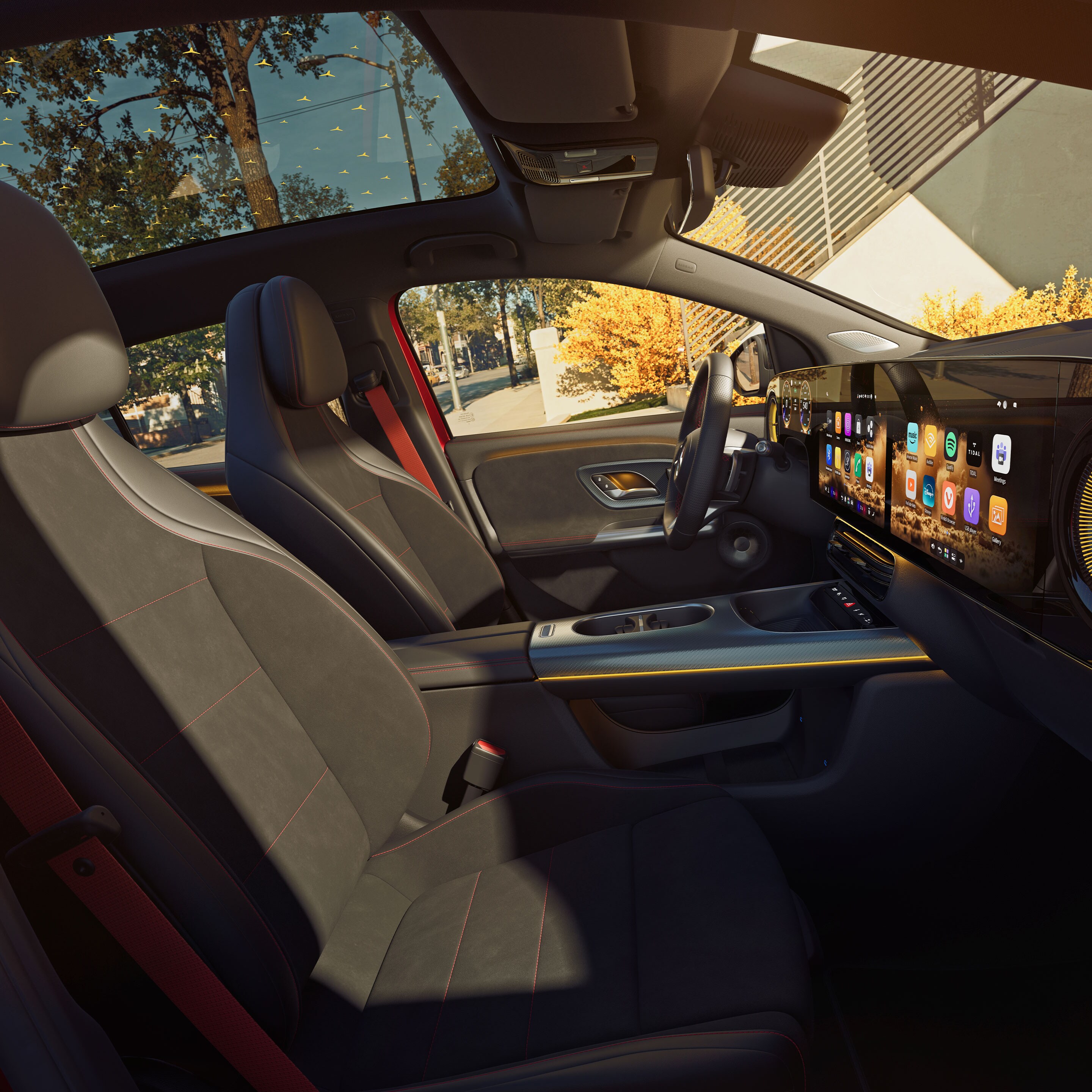 L'intérieur du tout nouveau GLA électrique de Mercedes-Benz, avec un aperçu des rangées de sièges avant et arrière vu depuis la vitre passager.