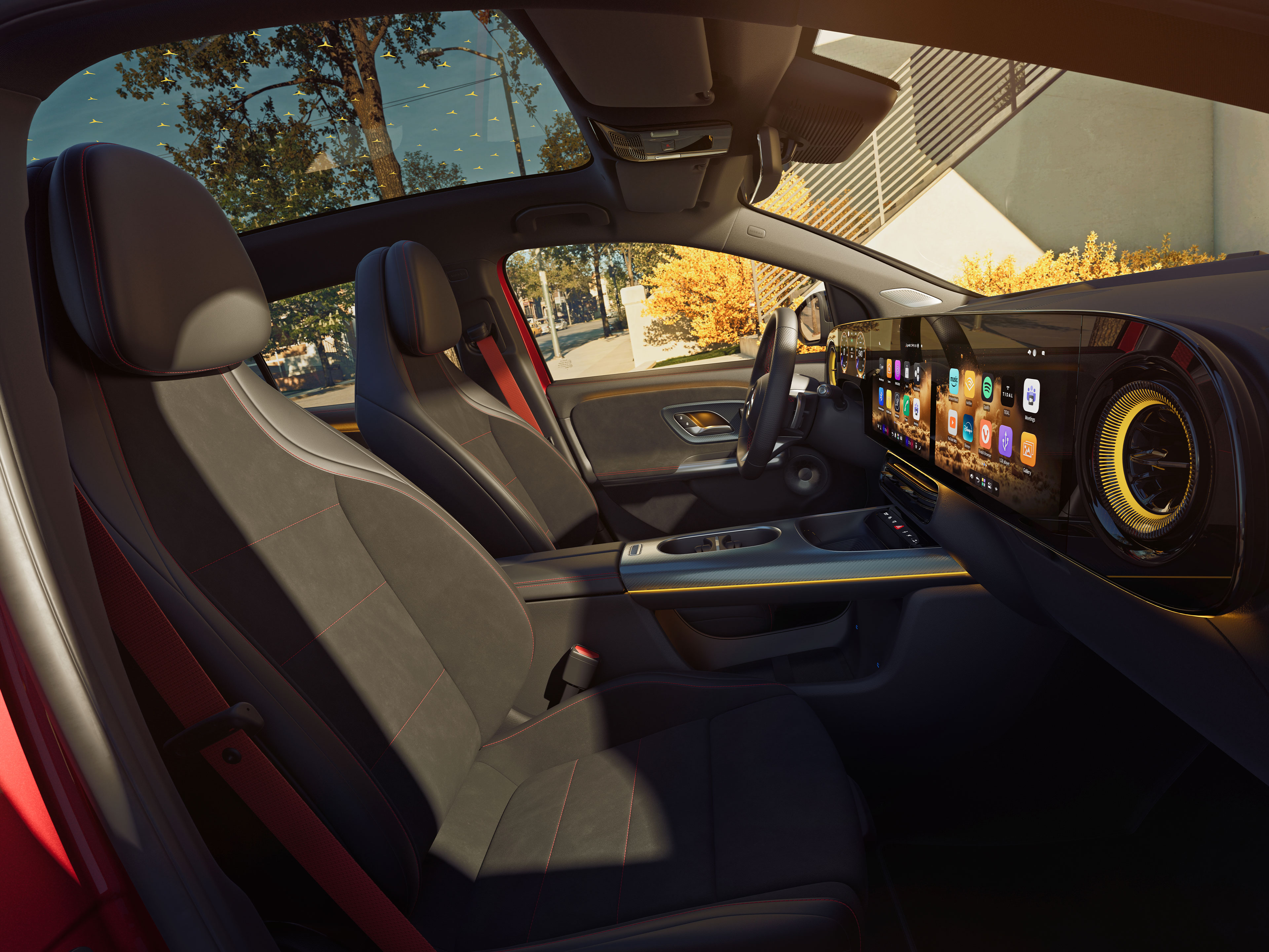 Intérieur | Le tout nouveau GLA électrique | Mercedes-Benz L'intérieur du tout nouveau GLA électrique de Mercedes-Benz, avec un aperçu des rangées de sièges avant et arrière vu depuis la vitre passager.