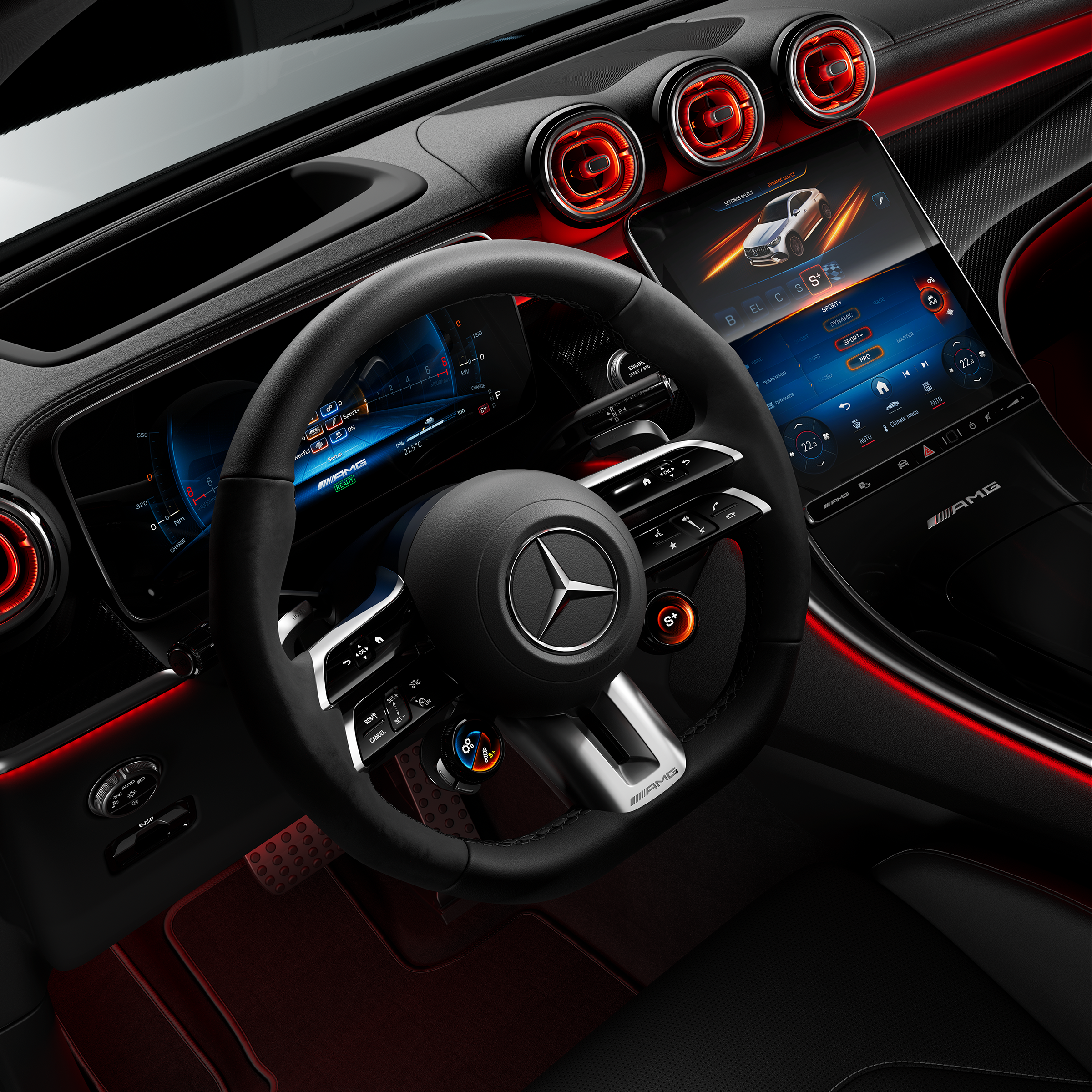 Gros plan sur un volant Performance AMG dans une Mercedes-AMG GLC Coupé.