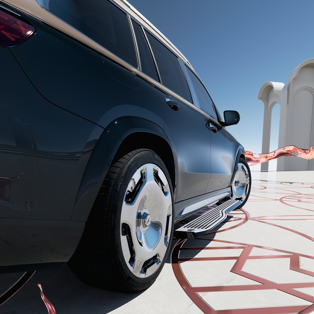 Vue verticale du dessus de la Mercedes-Maybach GLS 600 avec les portes ouvertes et les marches déployées.