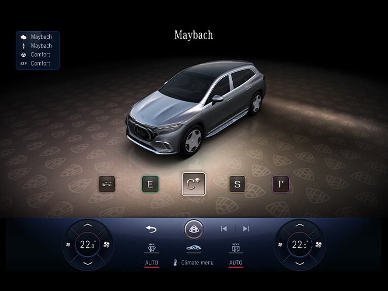 L'écran central de l'habitacle de la Mercedes-Maybach EQS SUV affiche le programme de conduite MAYBACH.