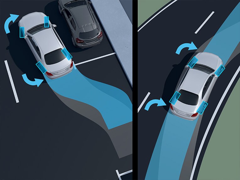 Une illustration du fonctionnement de la direction de l’essieu arrière de la Mercedes-Maybach Classe S.