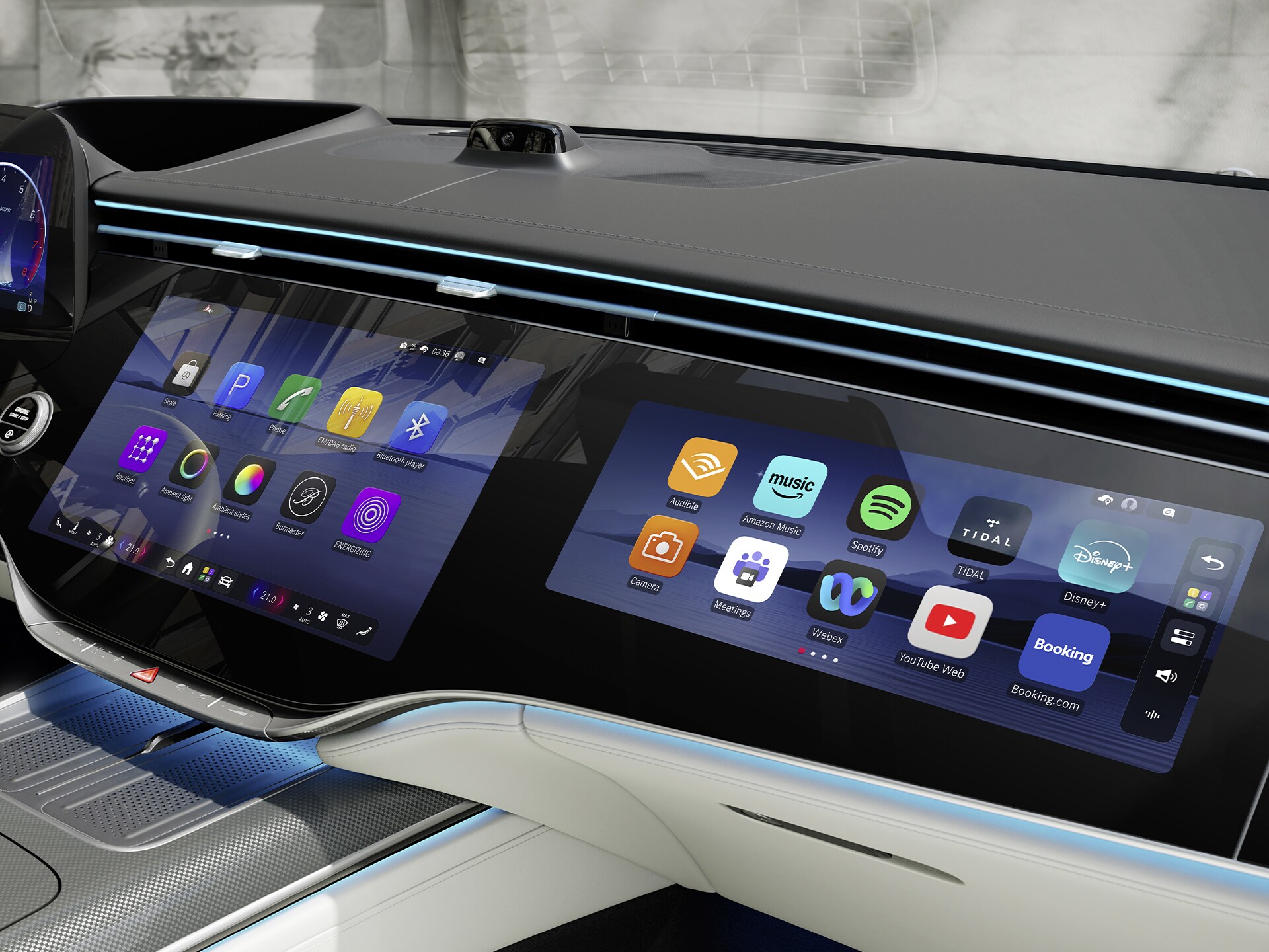 Le superscreen MBUX implanté dans le poste de conduite de la nouvelle Mercedes-Benz Classe&nbsp;S Berline version longue affichant MB.OS de Mercedes-Benz.