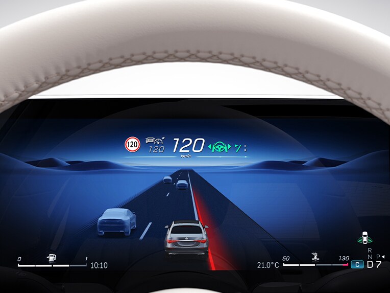 Un graphique à l'écran de l'assistant de franchissement de ligne actif dans la Mercedes-Benz Classe S Berline.