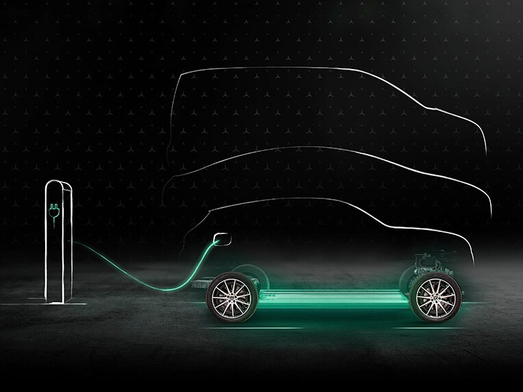 Une illustration d'un véhicule Mercedes-Benz à une station de recharge.