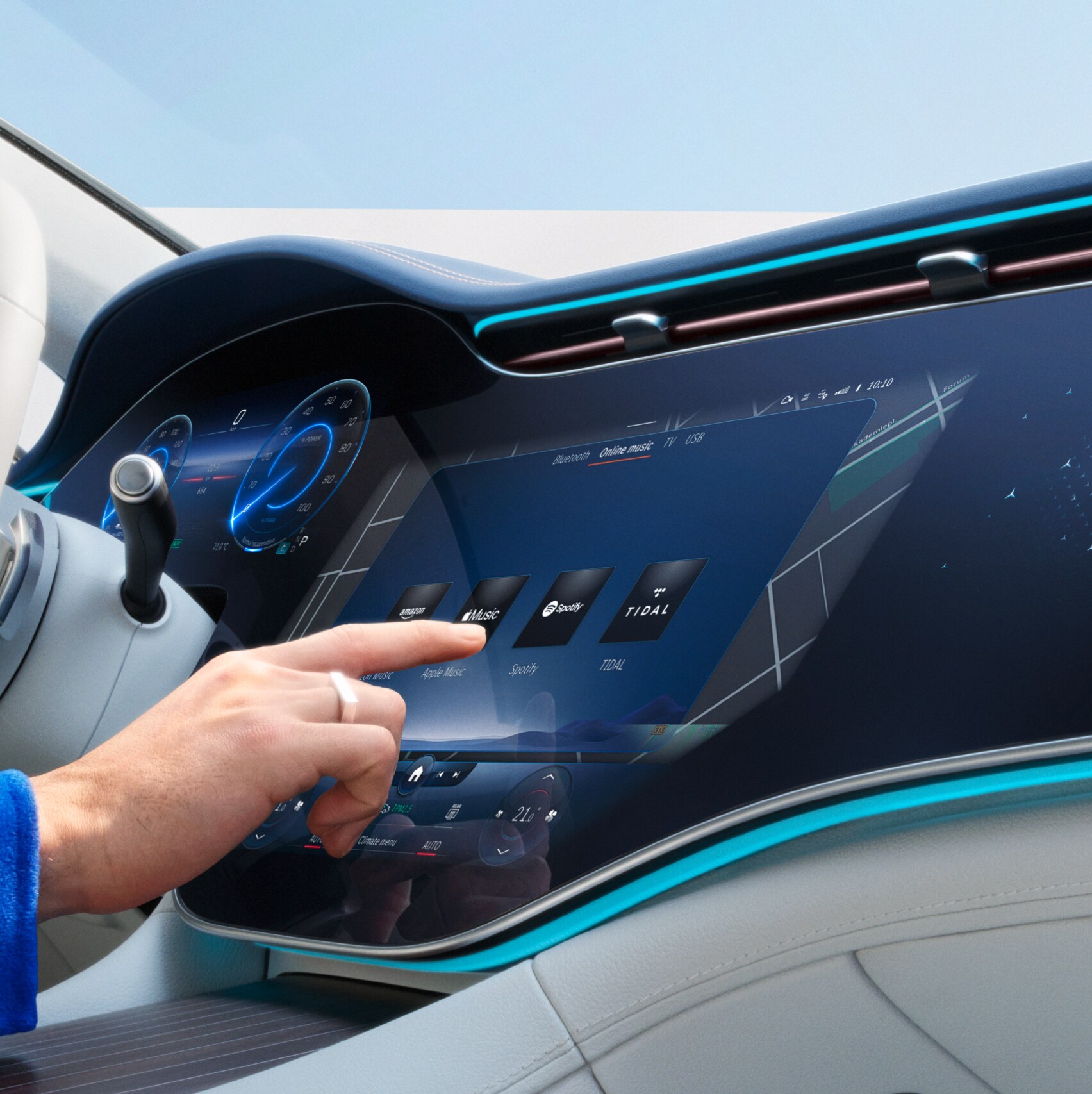 Les services connectés sur l'écran du système multimédia MBUX d’une Mercedes-Benz.