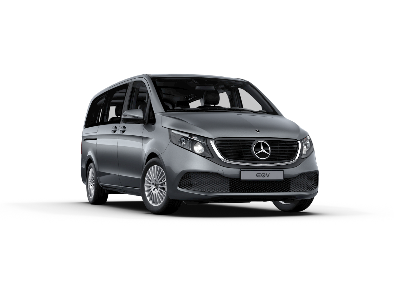 Vue trois quarts avant d'un Mercedes-Benz EQV sur fond blanc.