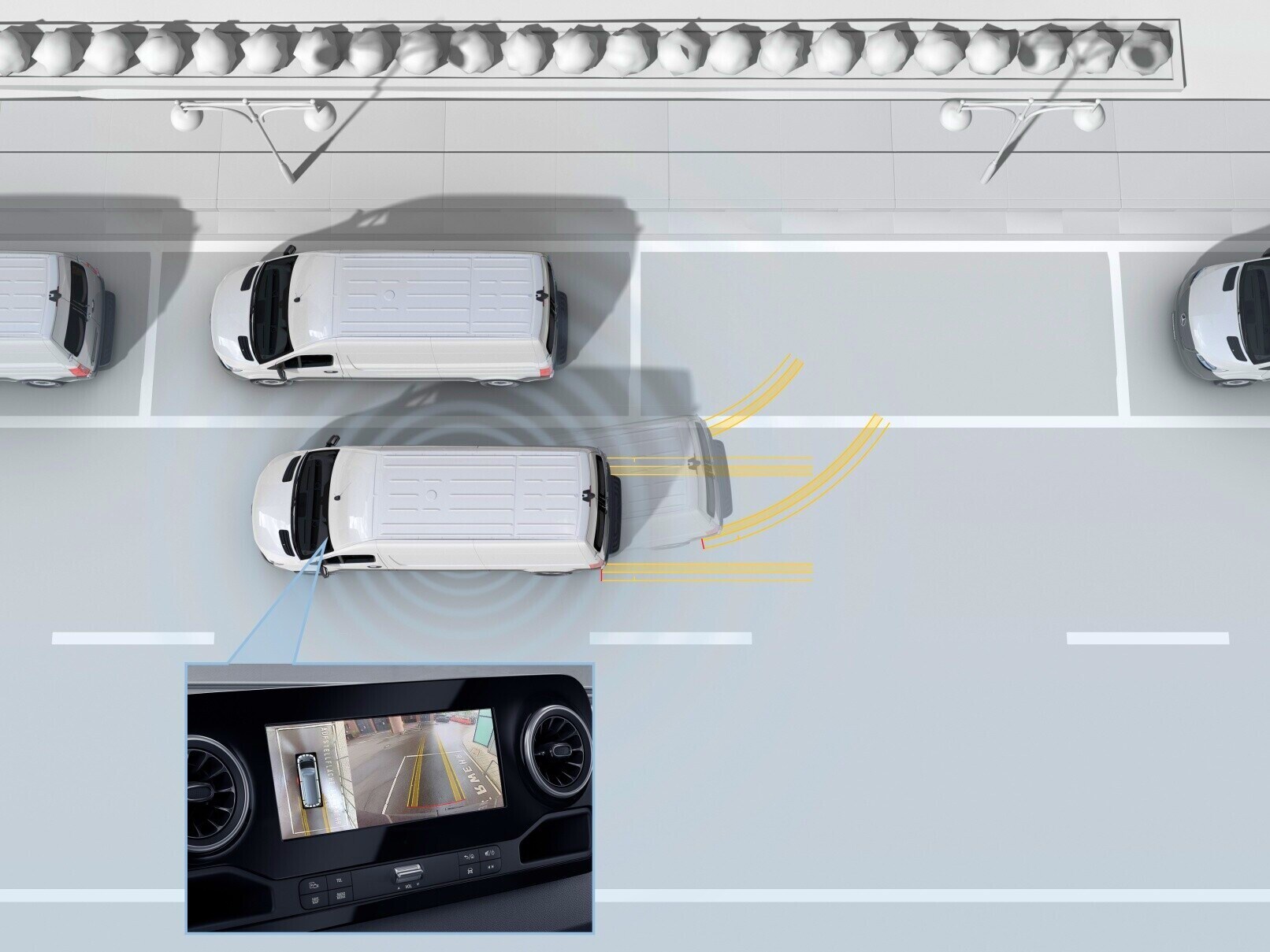 Le Pack Stationnement avec caméras panoramiques offre une vue panoramique et comprend l’assistant de stationnement, ce qui facilite grandement le stationnement, le dégagement et les manœuvres du véhicule.