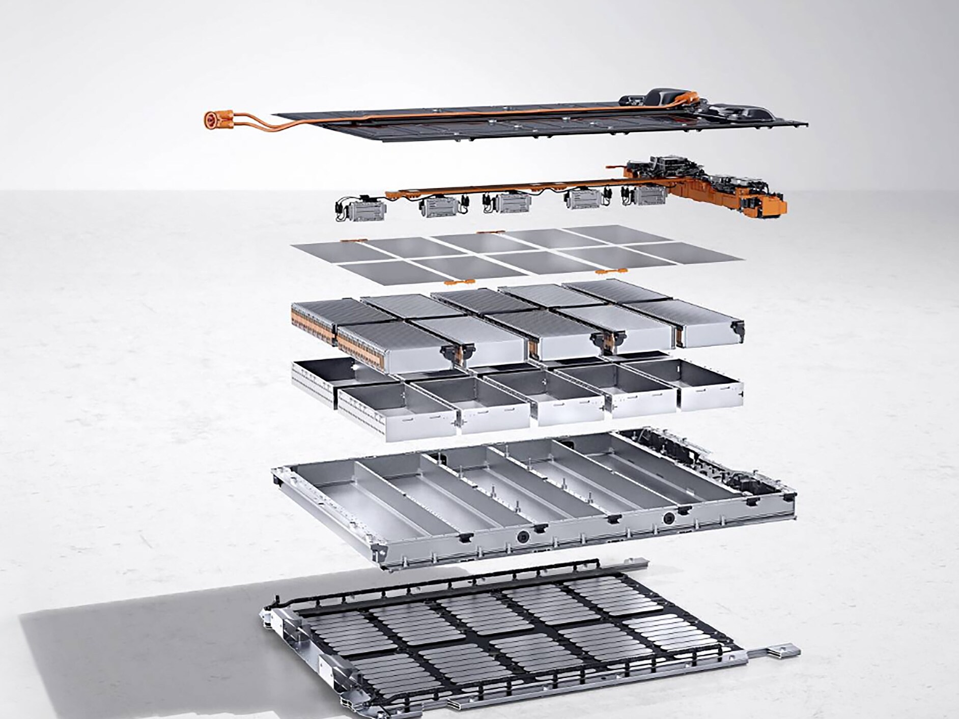 Impression d'artiste d'une batterie haute tension déconstruite, empilée verticalement en plusieurs couches.