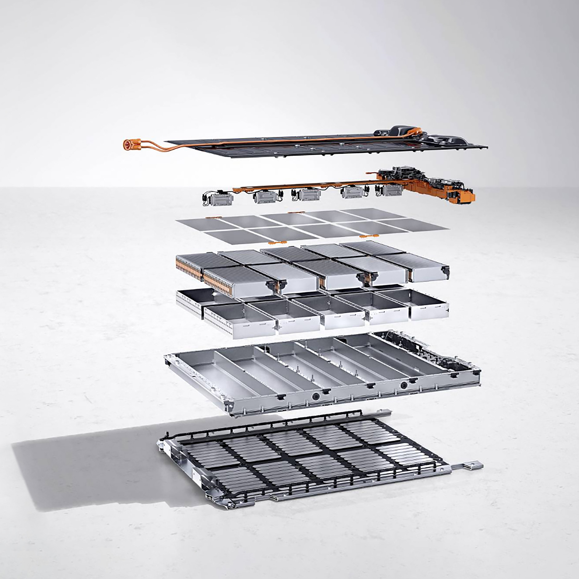 Utilitaires légers électriques Mercedes-Benz | Certificat batterie et extension Impression d'artiste d'une batterie haute tension déconstruite, empilée verticalement en plusieurs couches.