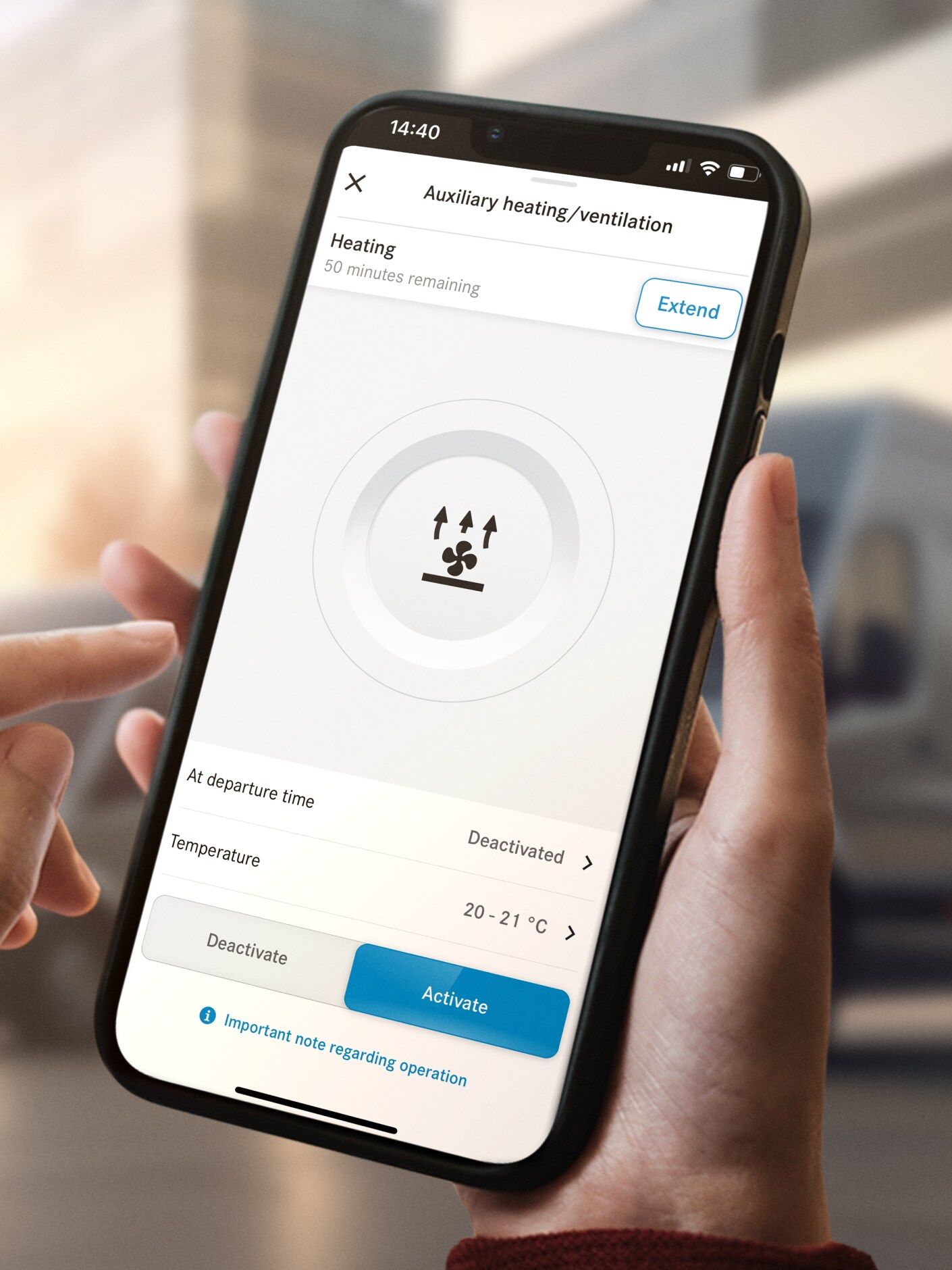 La fonction Chauffage additionnel/ventilation à l'arrêt de Mercedes-Benz sur un smartphone.