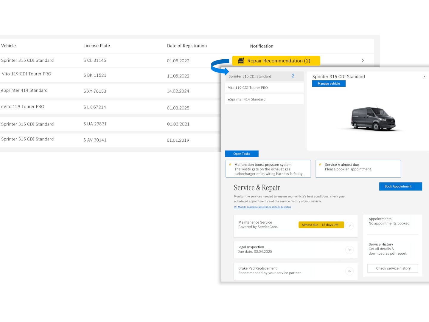 An insight into the Mercedes-Benz Van Uptime Monitor Digital Extra: display of a vehicle list with various status information and recommended actions.