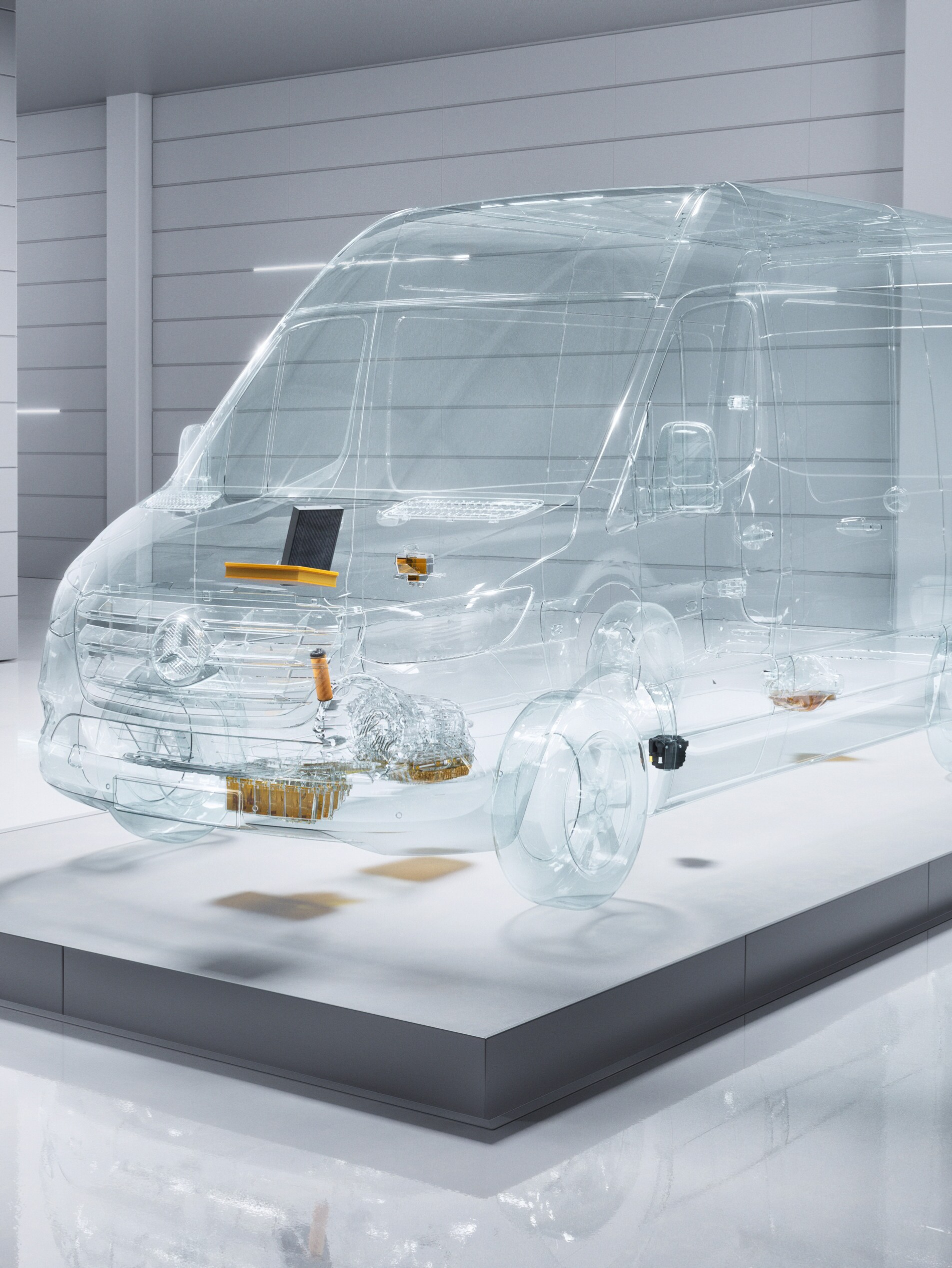 Un utilitaire léger Mercedes-Benz Sprinter transparent et virtuel dans un atelier.