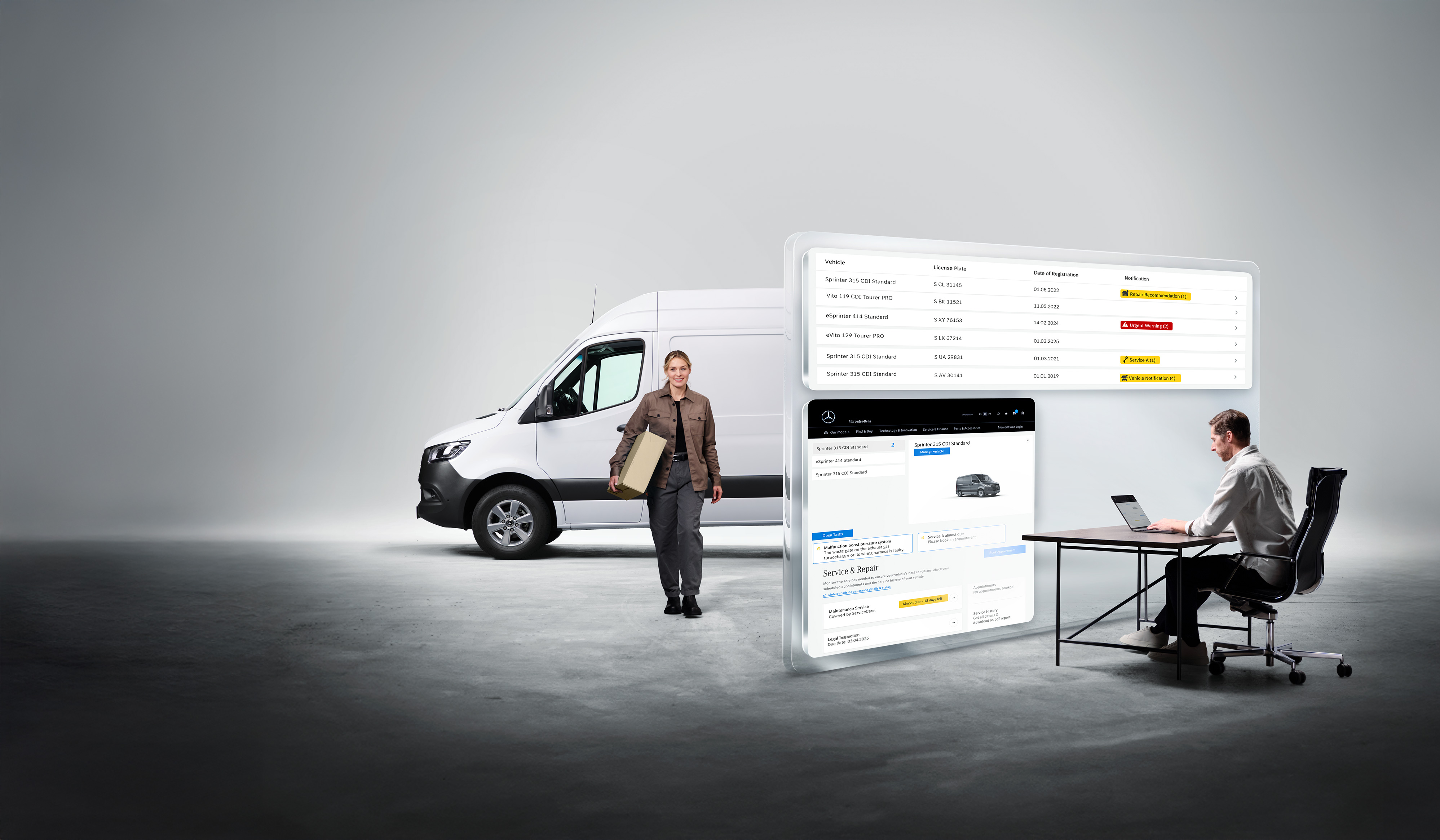 Mercedes-Benz | Technologie des utilitaires légers | Services connectés Un homme surveille son parc d’utilitaires légers sur un ordinateur portable, Mercedes-Benz Van Uptime Monitor pour une disponibilité maximale.